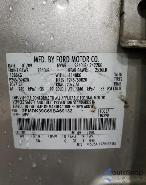 2009 Ford Edge Limited from USA, damaged, VIN 2FMDK39C69BA69132